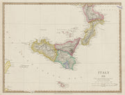 SICILY, CALABRIA, Malta & Gozo with original outline colour. SDUK 1844 old map