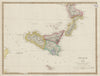 SICILY, CALABRIA, Malta & Gozo with original outline colour. SDUK 1844 old map