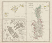 MEDITERRANEAN.Corsica Sardinia;Balearics Baleares;Valletta,Malta SDUK 1844 map