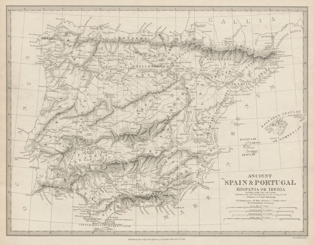 HISPANIA IBERIA. Ancient Portugal & Spain. Roman names & roads. SDUK 1844 map
