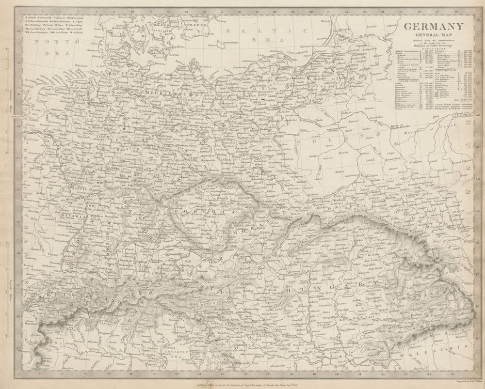 GERMANY general Map. Central Europe. Hungary. Population table. SDUK 1844
