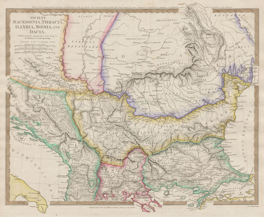 BALKANS ANCIENT. Macedonia, Thracia, Illyria, Moesia & Dacia. SDUK 1844 map