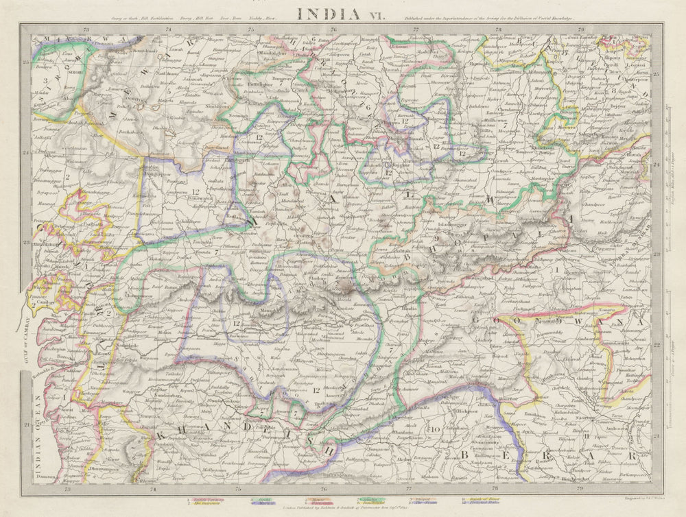 INDIA.Bundelkhand to Khandeish Berar.Gujerat. Goondwana Bhopal SDUK 1844 map