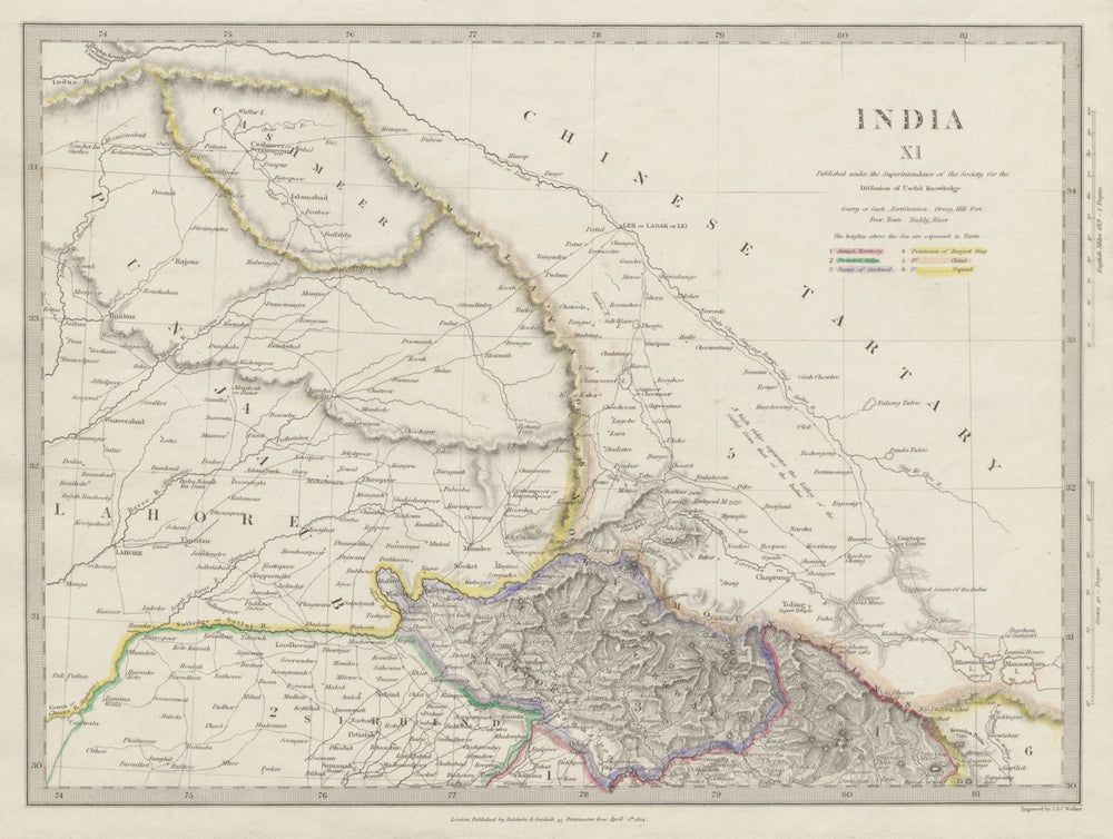 INDIA & PAKISTAN Punjab Garhwal Lahore Sirhind Kashmir China. SDUK 1844 map