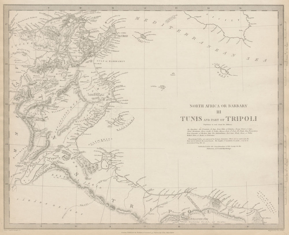 TUNISIA & LIBYA. North Africa or Barbary III Tripoli Gulf of Gabes SDUK 1844 map