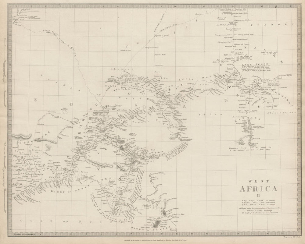 NIGERIA w/ early explorers' routes. Lake Chad Yariba Houssa Borgou SDUK 1844 map