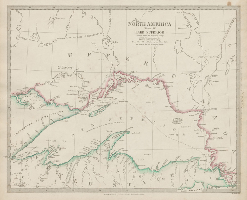 LAKE SUPERIOR.Canada USA Ontario Chippewa Michigan.Indian tribes SDUK 1844 map