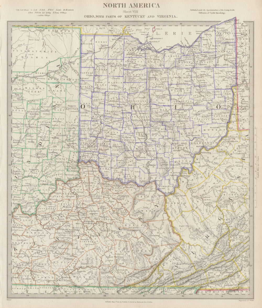USA. Ohio & parts of Kentucky, Virginia & Indiana. Counties. SDUK 1844 old map
