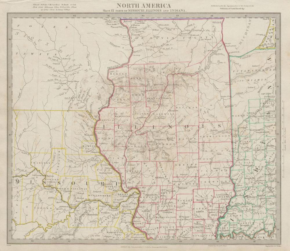 USA. Missouri Illinois Indiana. Indian tribes, villages & borders. SDUK 1844 map