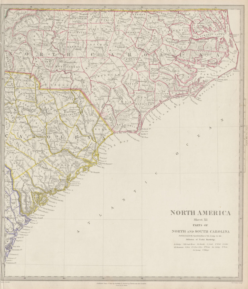USA. Coastal North & South Carolina. Charleston Cape Hatteras. SDUK 1844 map
