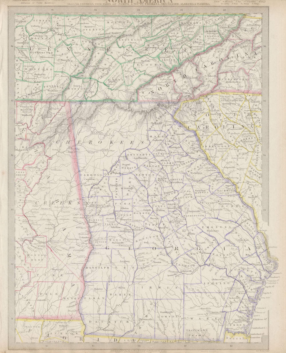 USA. Alabama Georgia Cherokee & Muscogee villages. TN SC NC FL. SDUK 1844 map