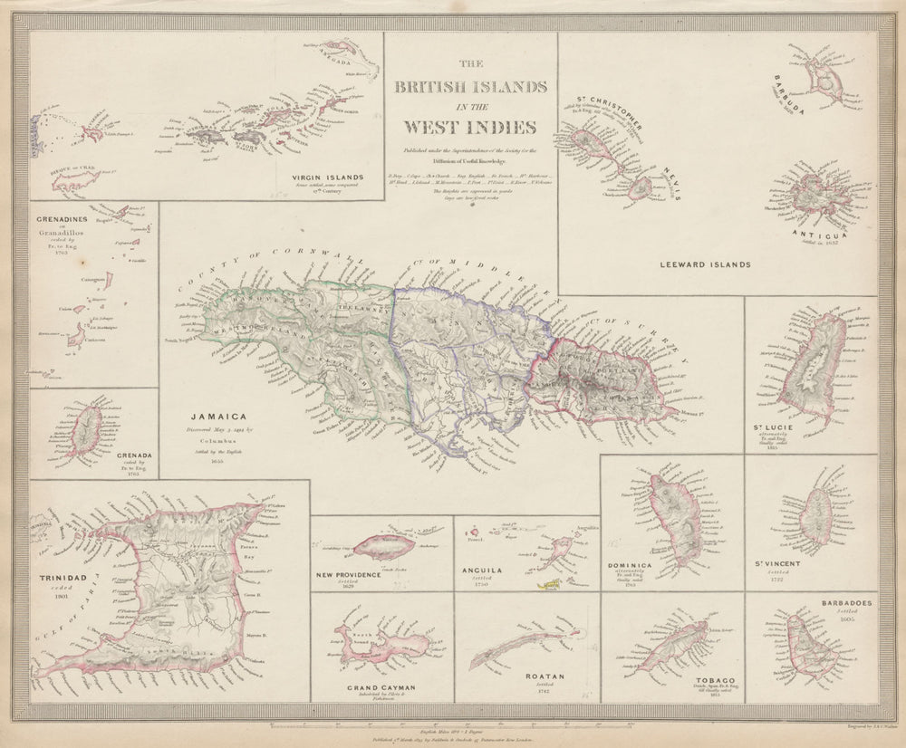 BRITISH WEST INDIES Jamaica Trindad Antilles Virgin Cayman Islands SDUK 1844 map