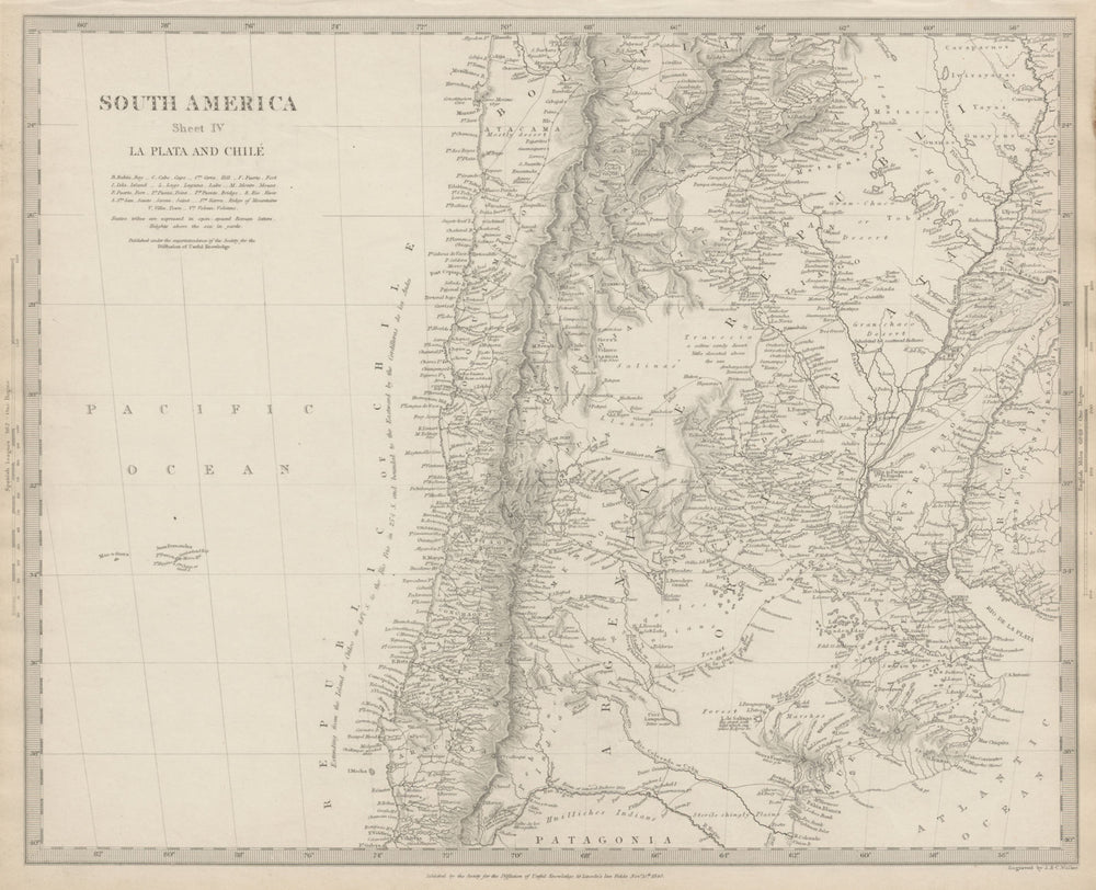 SOUTH AMERICA.La Plata and Chilé.Chile Argentina Uruguay Bolivia SDUK 1844 map