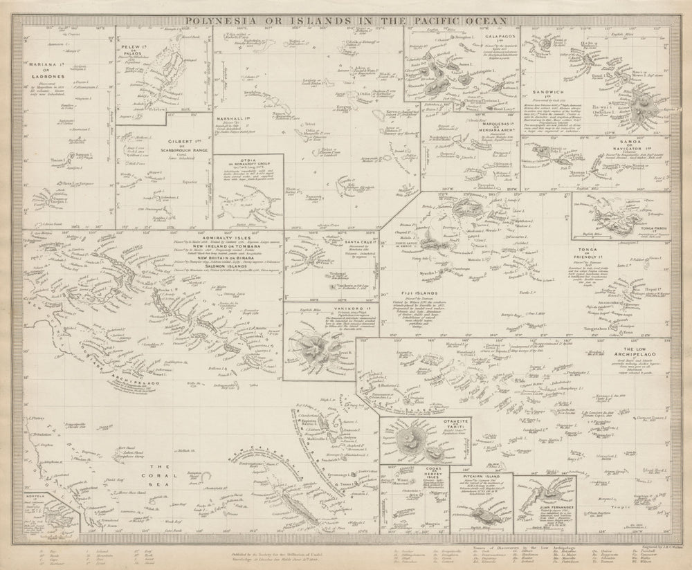 PACIFIC ISLANDS Polynesia Hawaii Samoa Fiji Tonga Tahiti Cook. SDUK 1844 map