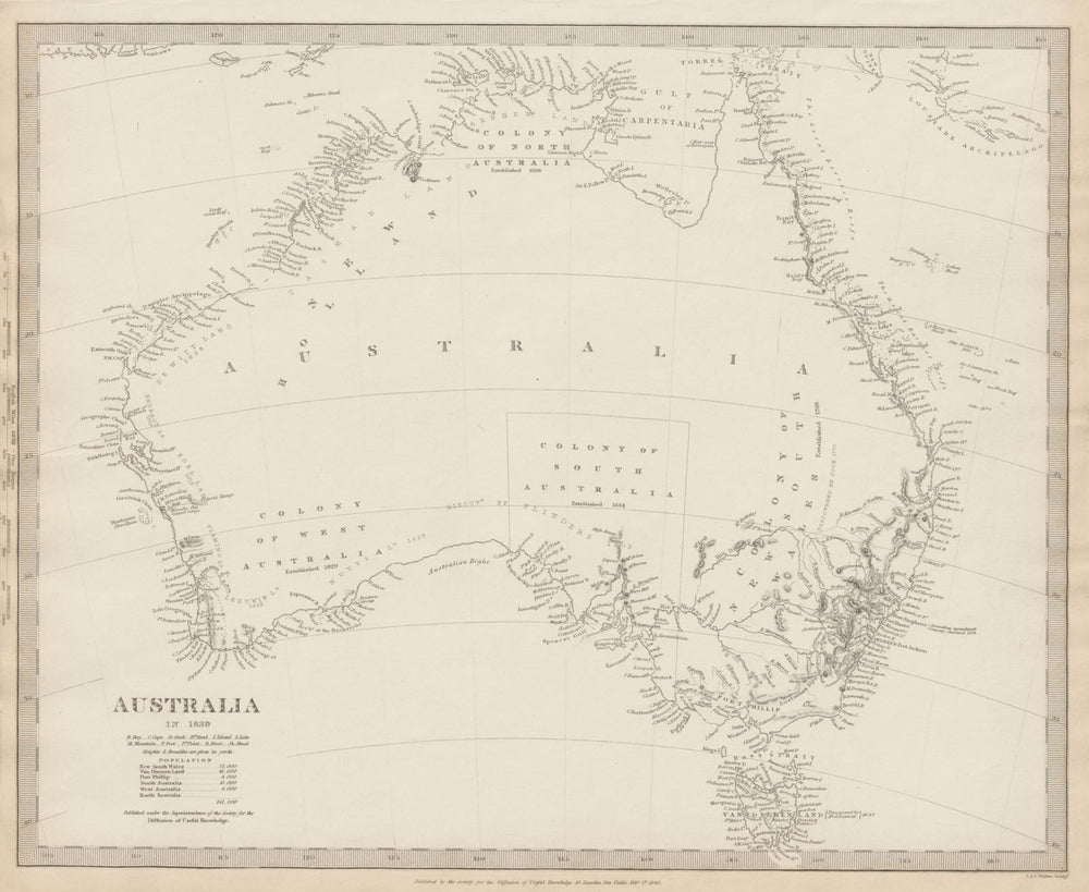 AUSTRALIA in 1839 shows dates colonies established. Population. SDUK 1844 map