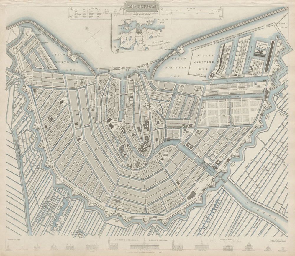 AMSTERDAM antique town city map plan. Inset Amsterdam environs. SDUK 1844