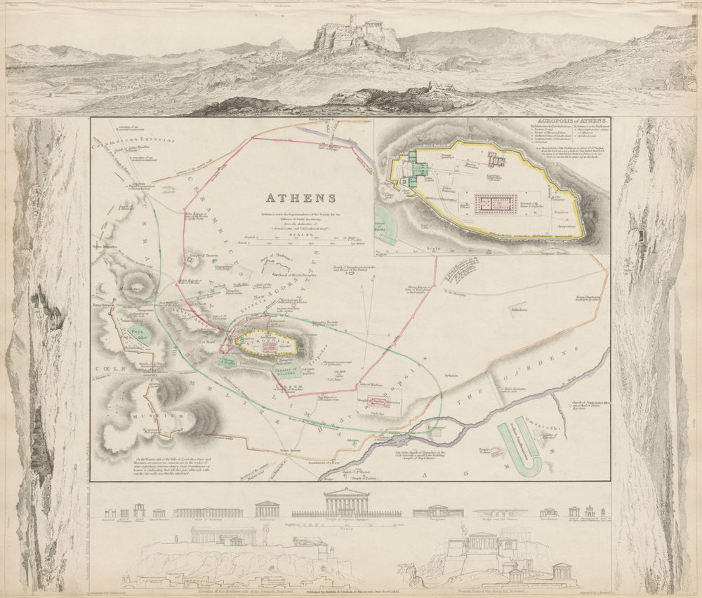 ANCIENT ATHENS. Αθήνα antique town city map plan. Acropolis. SDUK 1844 old