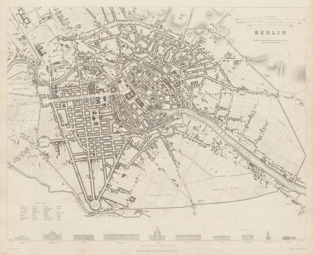 BERLIN antique town city map plan. Fortifications. Building profiles. SDUK 1844
