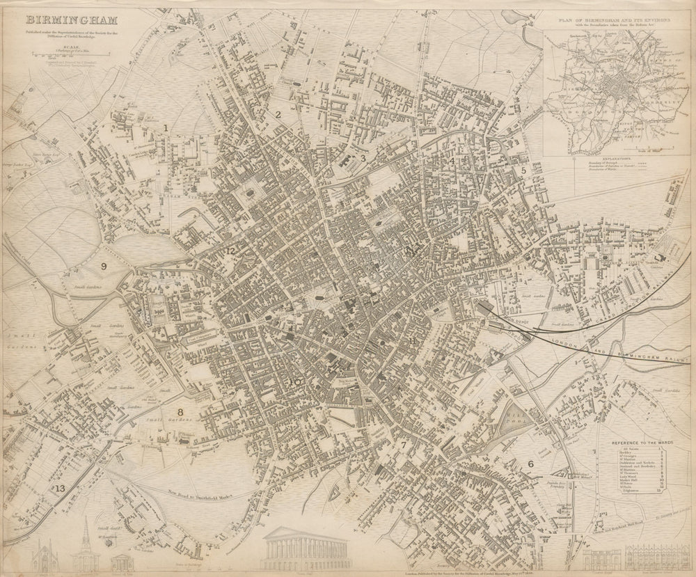 BIRMINGHAM antique town city map plan. Inset environs of Birmingham. SDUK 1844