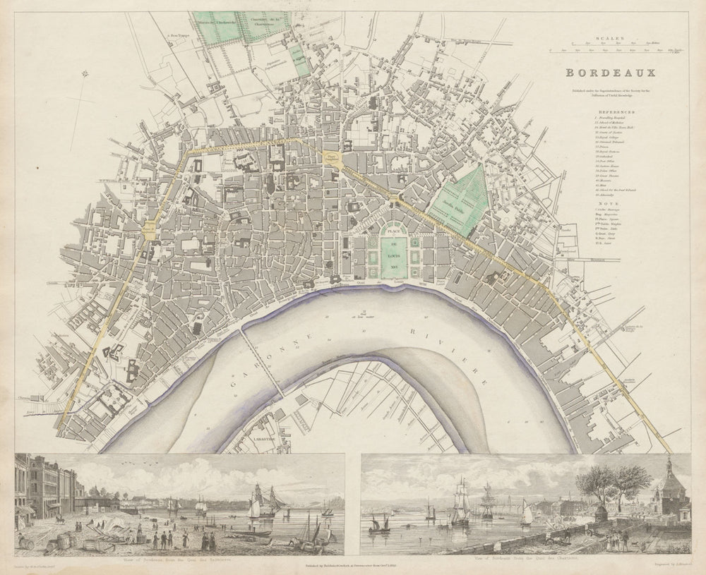 BORDEAUX antique town city map plan. Inset Quai Salinieres Chartrons SDUK 1844