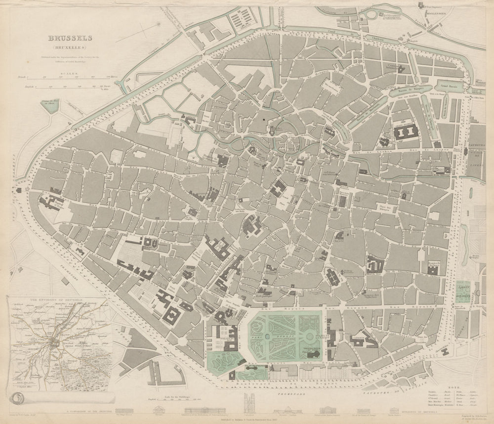 BRUSSELS BRUXELLES BRUSSEL antique town city map plan & environs SDUK 1844