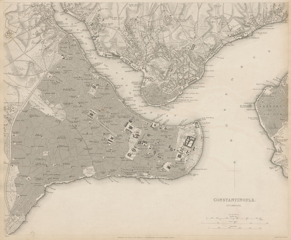 CONSTANTINOPLE ISTANBUL antique town city map plan.Stambool Galata. SDUK 1844