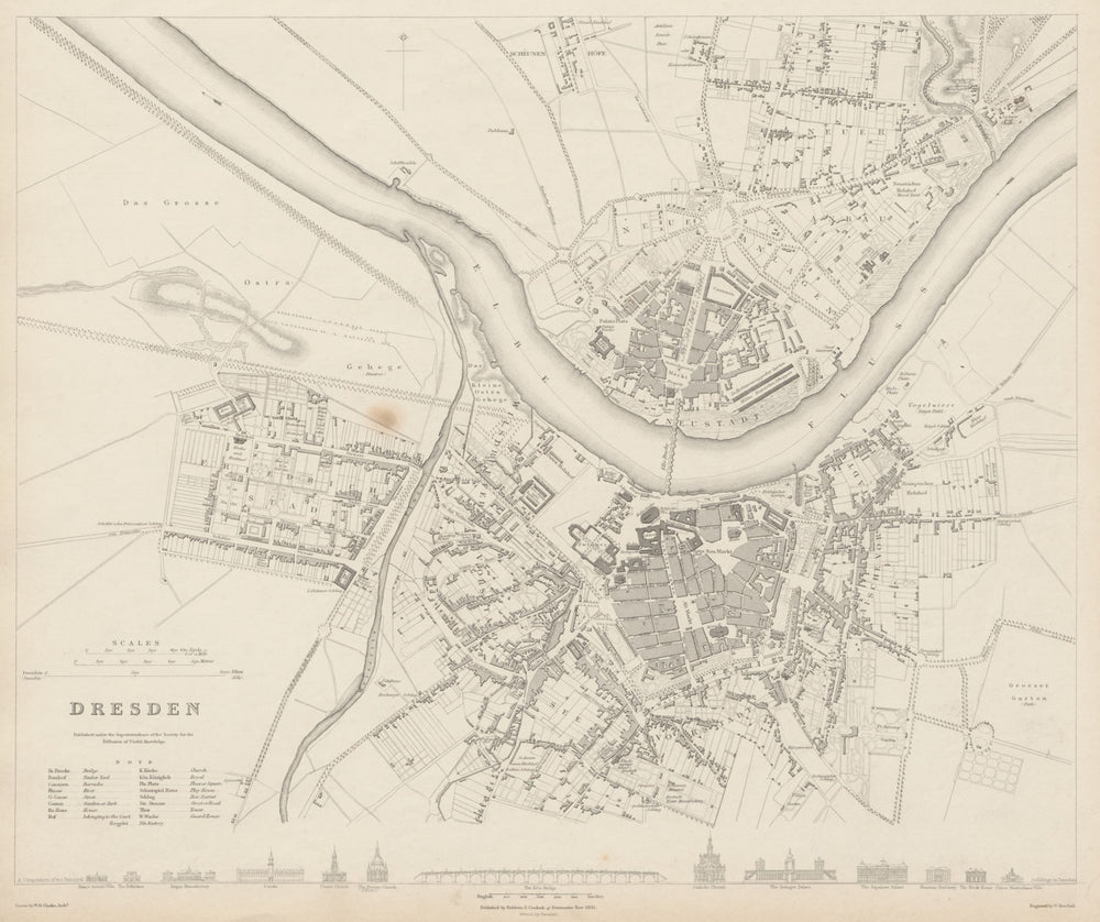 DRESDEN antique town city map plan. Friedrichstadt Altstadt Neustadt SDUK 1844