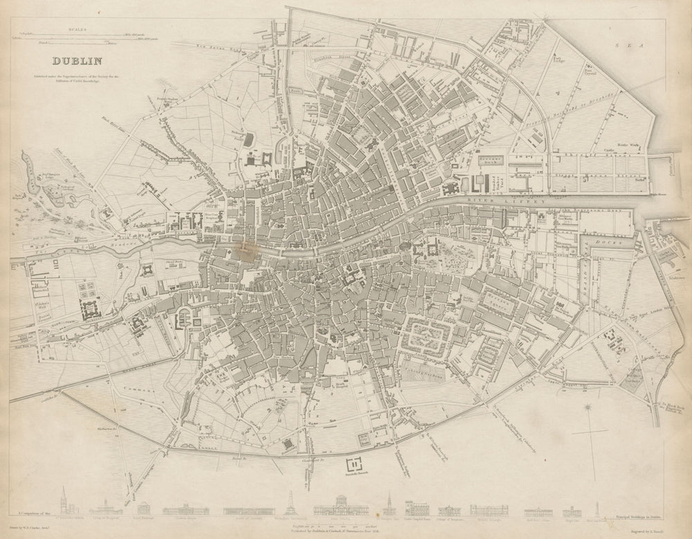 DUBLIN antique town city map plan. Key buildings profiles. SDUK 1844 old