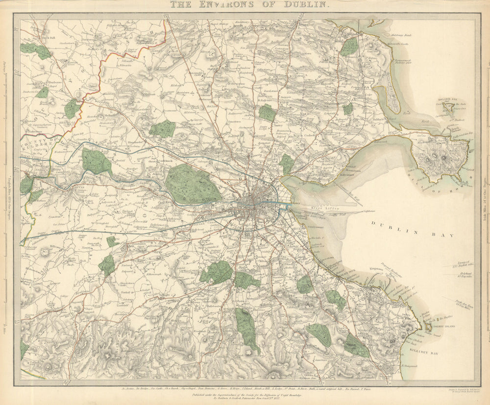 DUBLIN CITY, BAY & environs. Howth Lucan Dun Laoghaire Dalkey. SDUK 1844 map