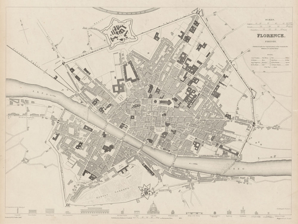 FLORENCE FIRENZE antique town city map plan. Key buildings profiles. SDUK 1844