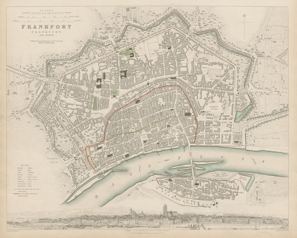 FRANKFURT AM MAIN antique town city map plan. Panorama.am Mayn. SDUK 1844