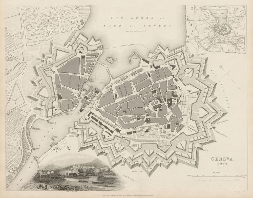 GENEVA GENÈVE GENEVE GENF antique town city map plan & environs. SDUK 1844