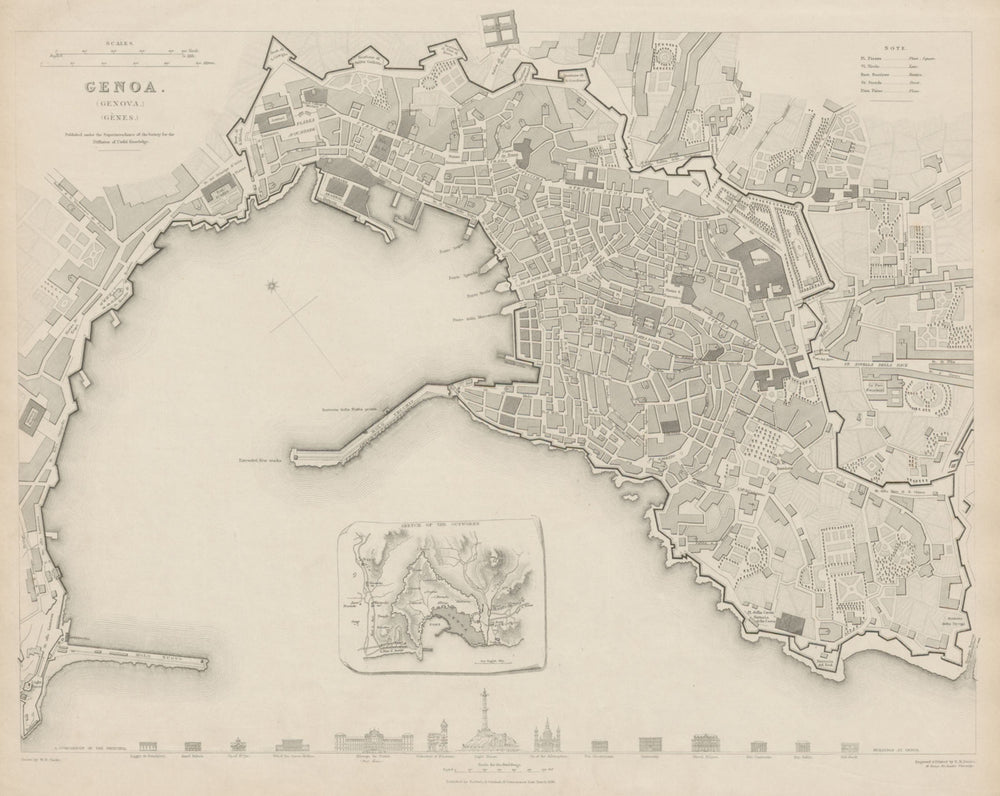 GENOVA (GENOA GÊNES) GÈNES antique town city map plan.Inset outworks SDUK 1844