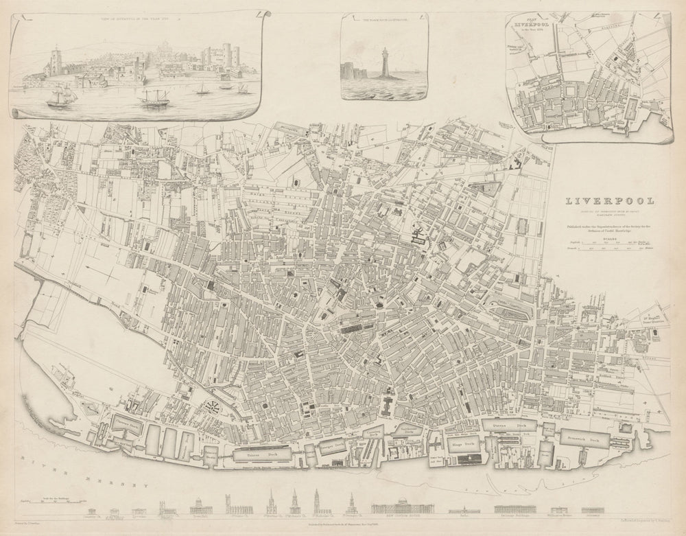 LIVERPOOL antique town city map.Inset view & plan in 1729. Buildings SDUK 1844