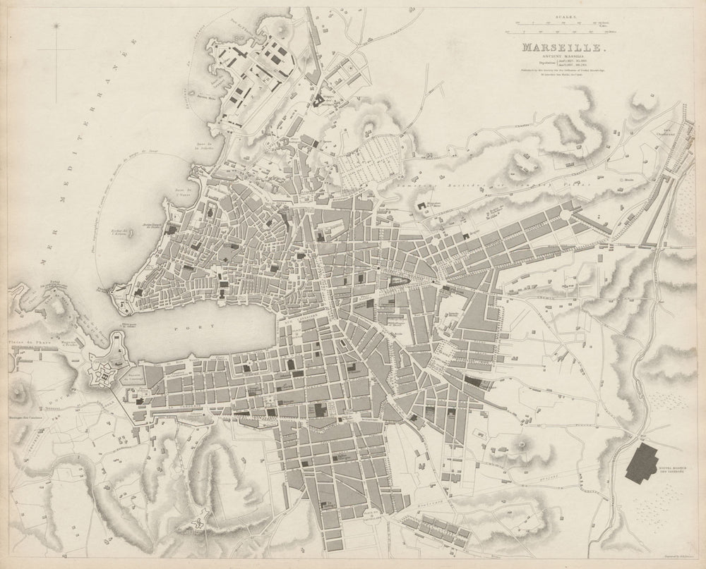 MARSEILLE antique town city map. Ancient Massilia. Marseilles. SDUK 1844
