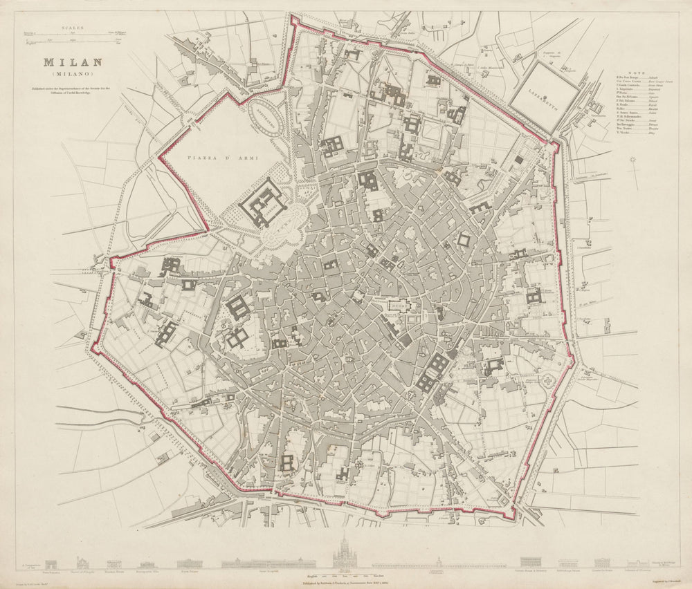 MILAN MILANO antique town city map plan. Main buildings profiles. SDUK 1844