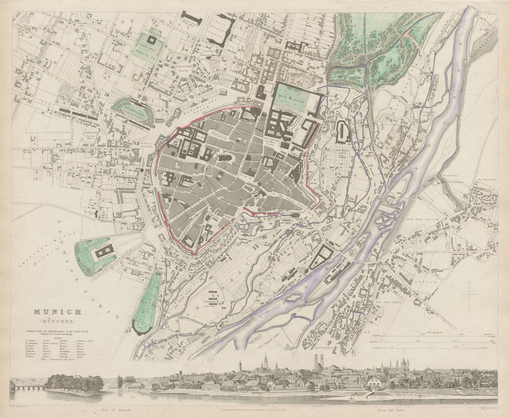 MUNICH MÜNCHEN MUNCHEN antique town city map plan & panorama. SDUK 1844