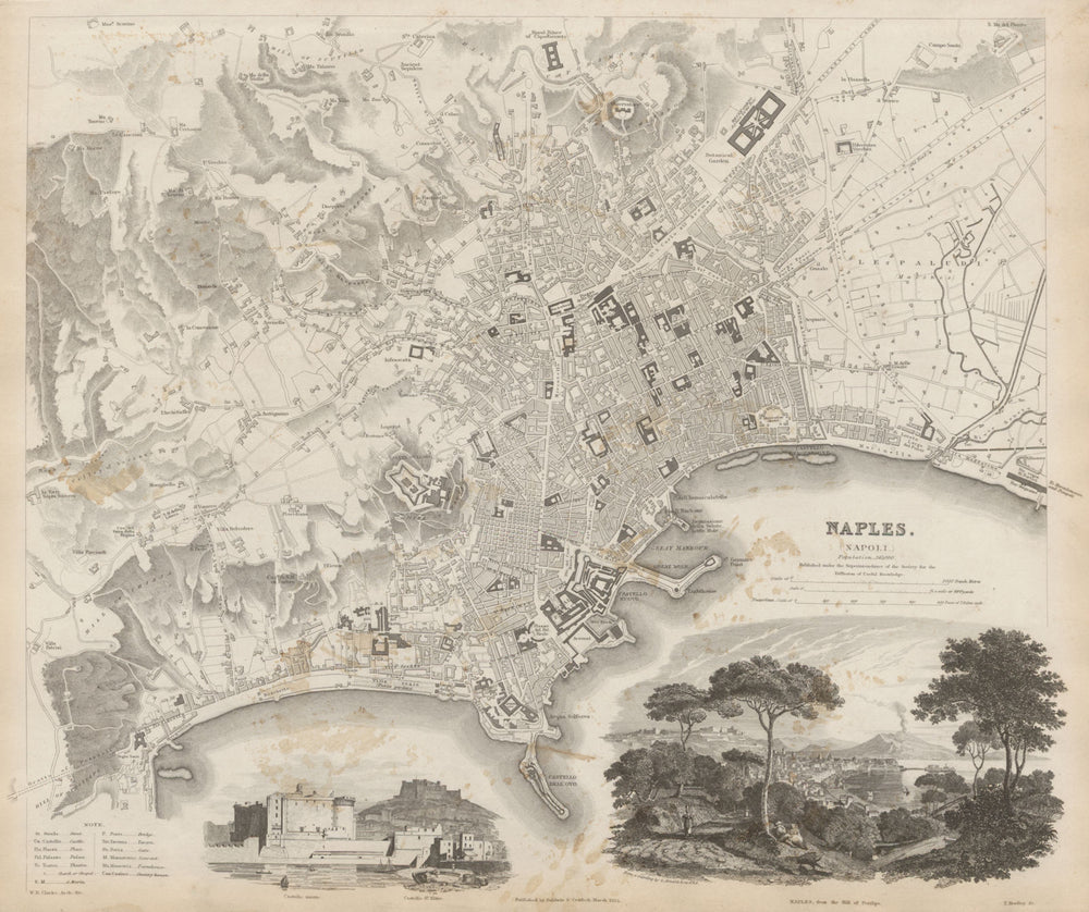 NAPLES NAPOLI antique town city map plan & view. Castello St Elmo. SDUK 1844