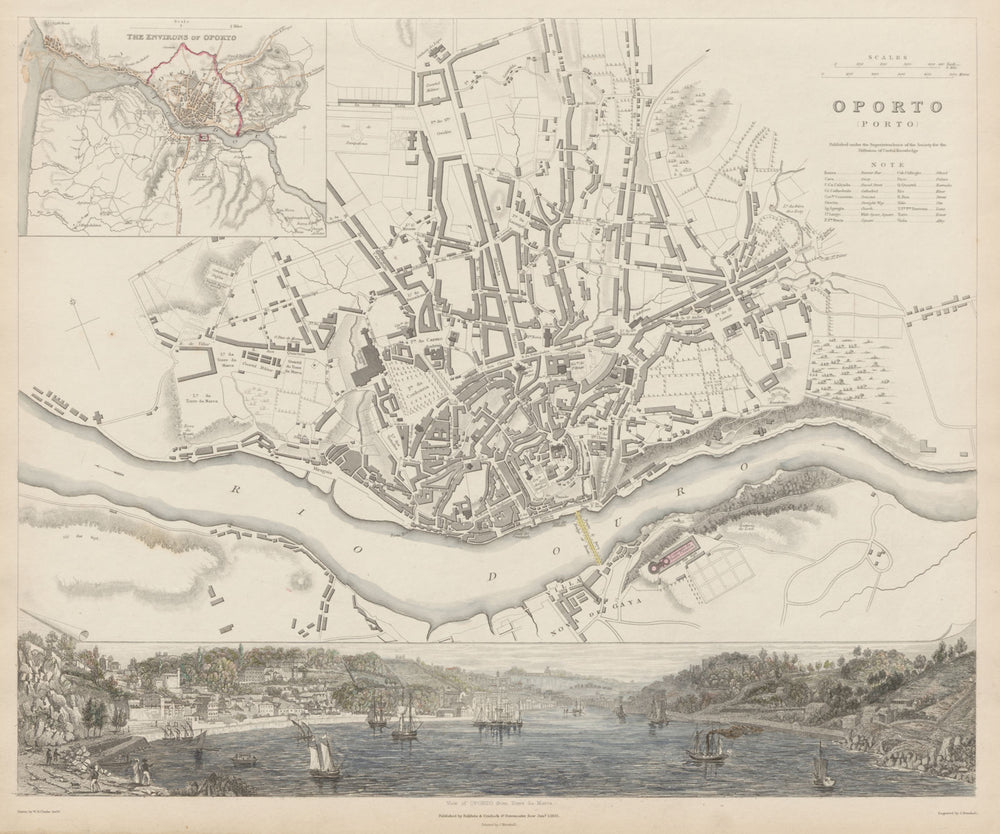 OPORTO PORTO antique town city map plan & panorama. Inset environs. SDUK 1844