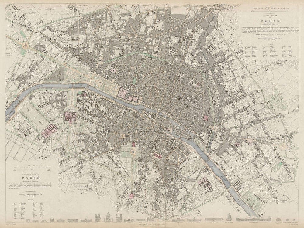 PARIS antique town city map plan. Building profiles. LARGE 55x40cm SDUK 1844
