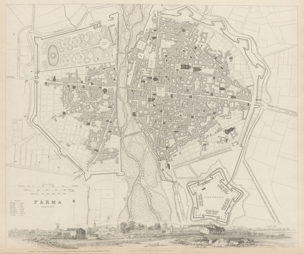 PARMA antique town city map plan & panorama. Parme. Fortifications. SDUK 1844