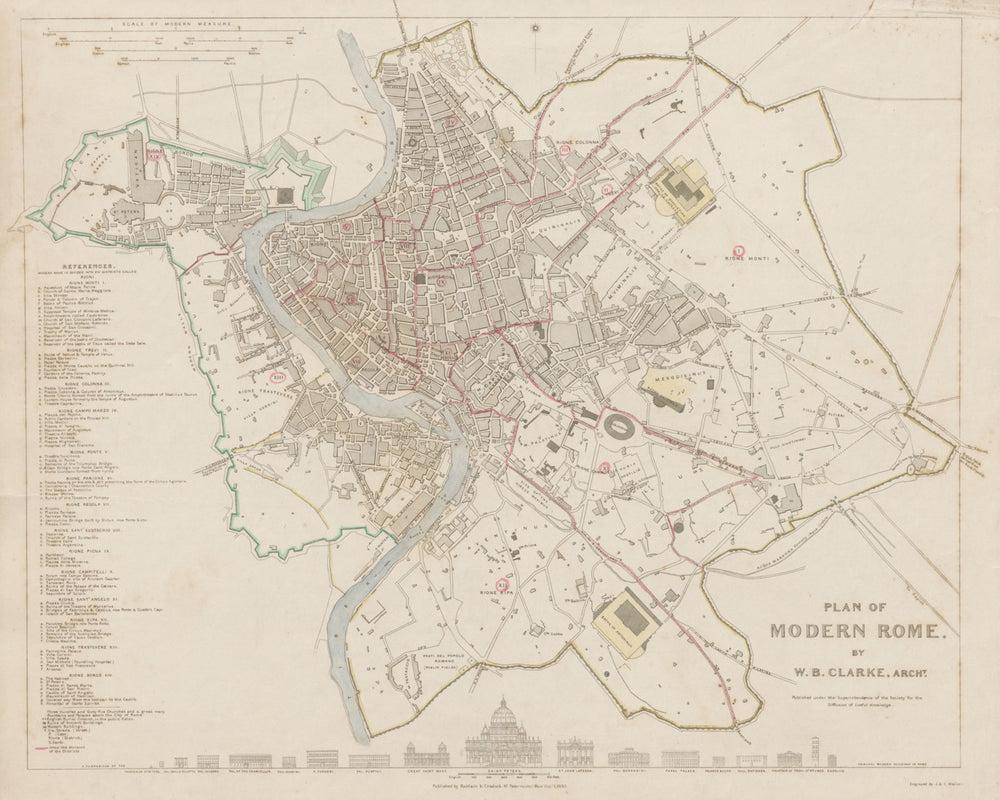 ROME ROMA antique town city map plan & building profiles. Colour. SDUK 1844