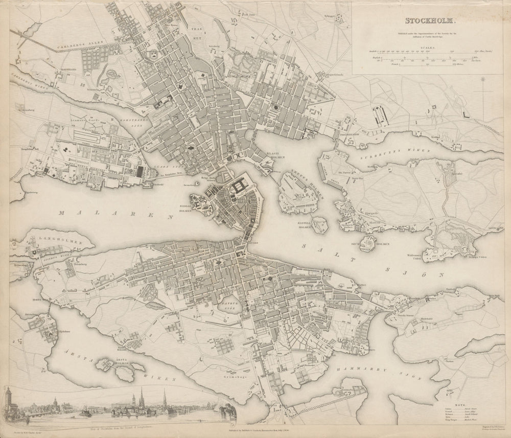 STOCKHOLM antique town city map plan. Inset panorama view. Sweden. SDUK 1844