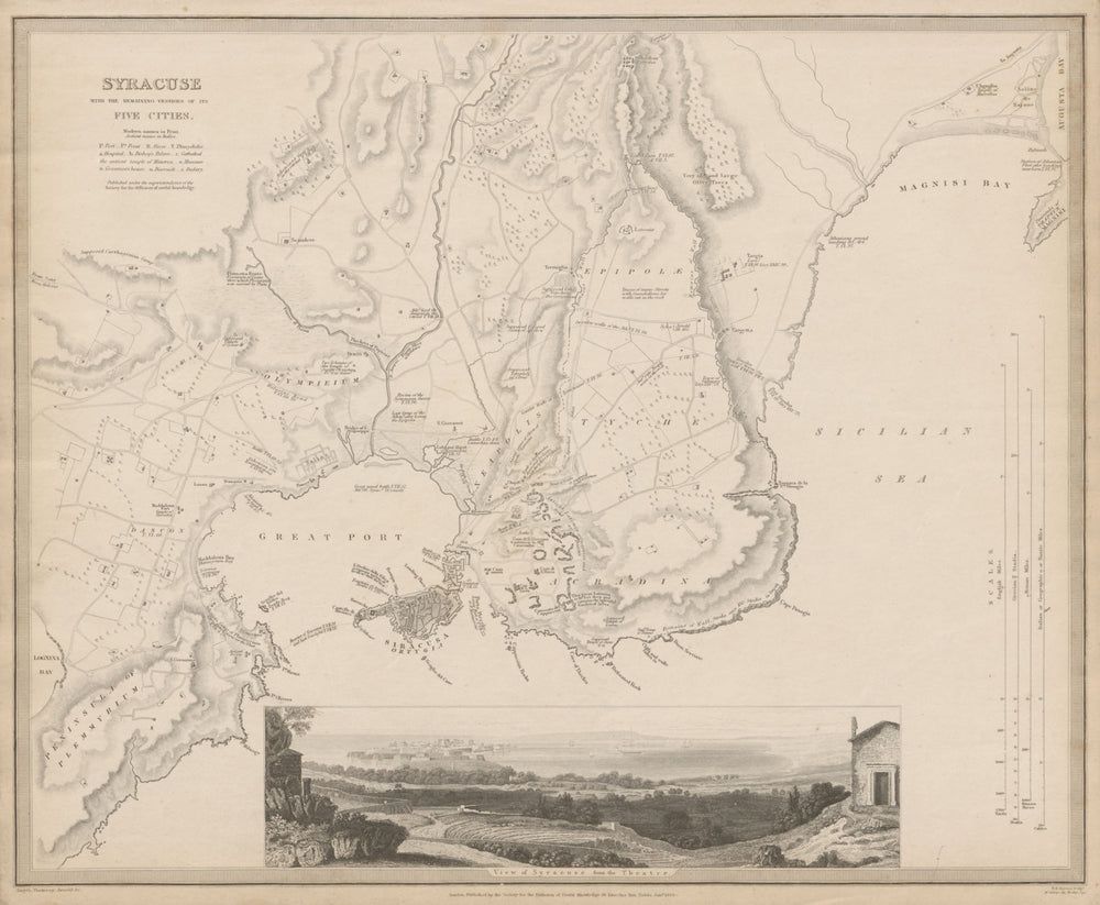 SYRACUSE SIRACUSA antique town city map plan.Remains of its 5 cities SDUK 1844