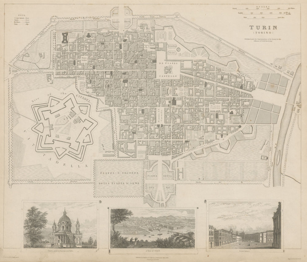 TURIN TORINO.Antique town city map plan.Panorama.Superga.Royal Palace SDUK 1844