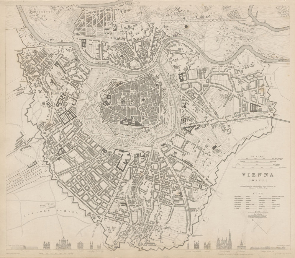 VIENNA WIEN antique town city map plan. Principal building profiles. SDUK 1844
