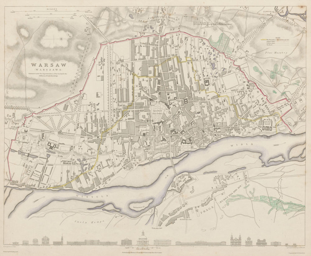 WARSAW WARSZAWA antique town city map plan. Building profiles.Colour SDUK 1844