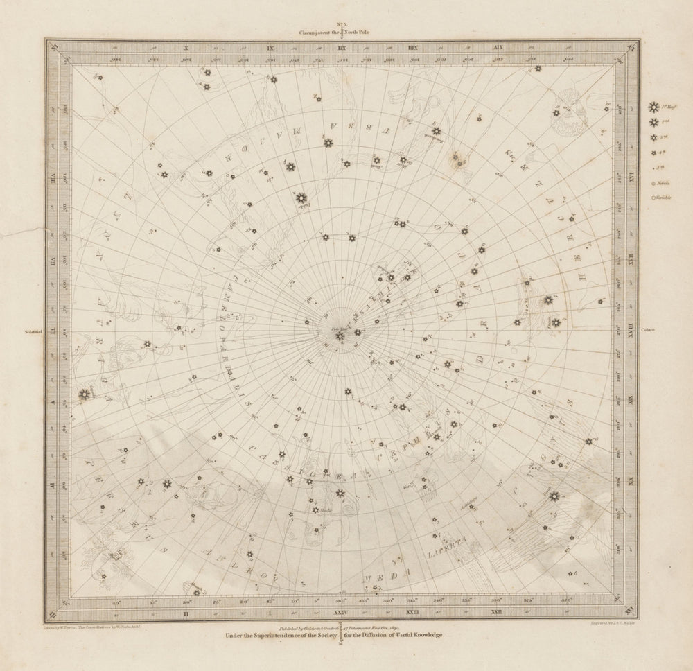 ASTRONOMY CELESTIAL Star map chart 5 North Pole. SDUK 1847 old antique