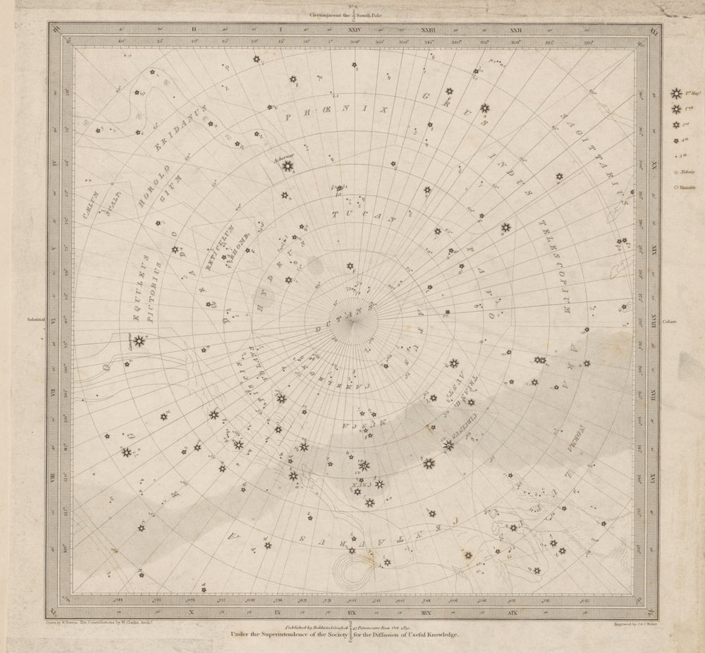 ASTRONOMY CELESTIAL Star map chart 6 South Pole. SDUK 1847 old antique