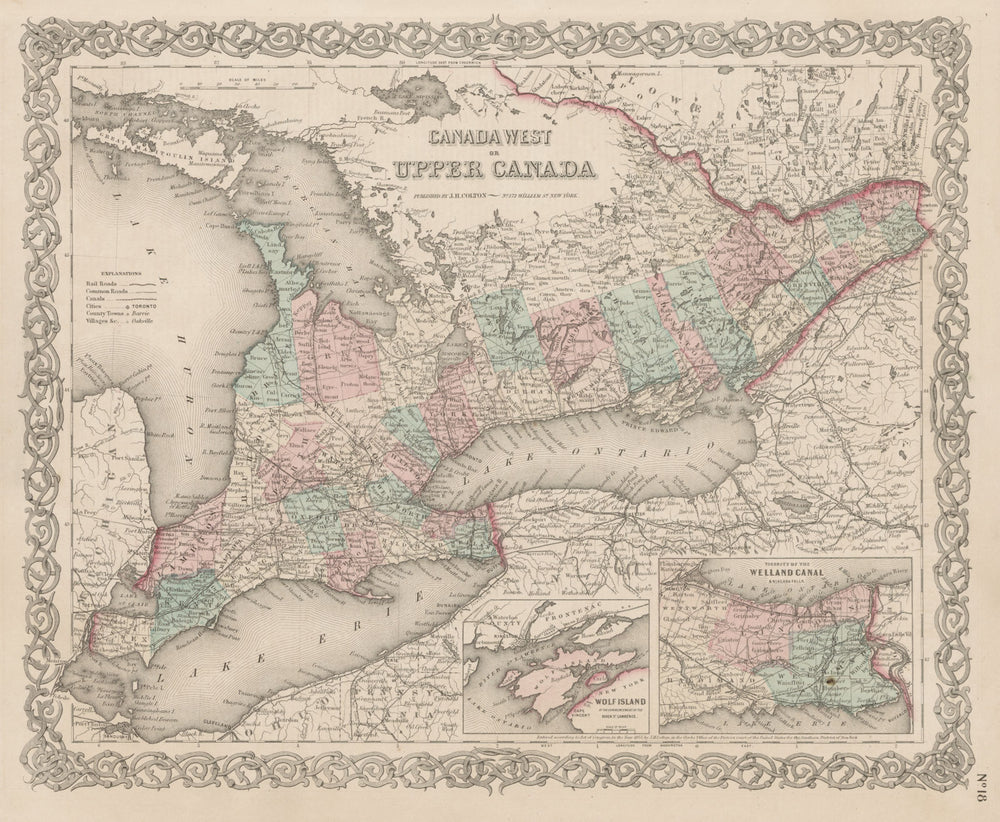 Canada West or Upper Canada. Lower Ontario. Antique map. COLTON 1863 old